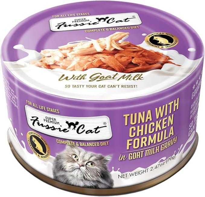 Fussie Cat Premium Canned Wet Cat Food in Goat Milk Gravy - 2.47 oz Cans - Case of 24 Cans (Tuna & Chicken)