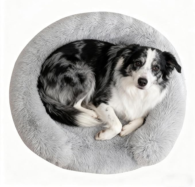 Calming Cute Dog Beds for Medium Dogs, Orthopedic Cushion Anti-Anxiety Donut Cuddler Bed, Soft Fluffy Faux Fur Plush Warm Cozy Removable Cover Fits up to 35 lbs Pets (Round, Pale Grey 28")
