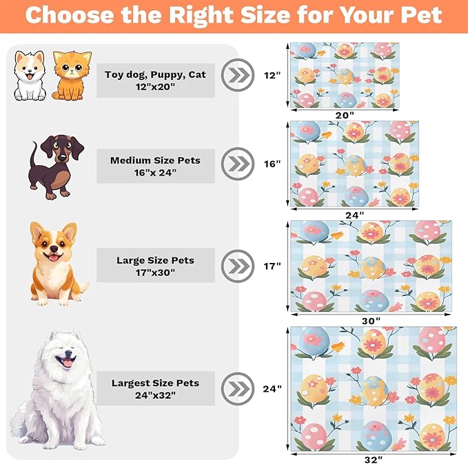Happy Easter Dog Food Mat for Floors Absorbent Dog Bowl Mat for Food and Water Dispenser Quick Dry Cat Food Placemat Pet Supplies 16" x 24", Blue White Plaid