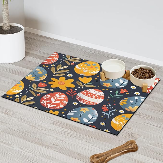 Happy Easter Dog Food Mat for Floors Absorbent Dog Bowl Mat for Food and Water Dispenser Quick Dry Cat Food Placemat Pet Supplies 24" x 32", Spring Floral