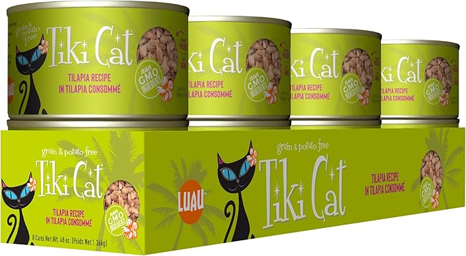 Tiki Cat Luau Shredded Meat, Tilapia Recipe in Tilapia Consumme, Grain-Free Balanced Nutrition Wet Canned Cat Food, For All Life Stages, 6 oz. Can (8 Count)