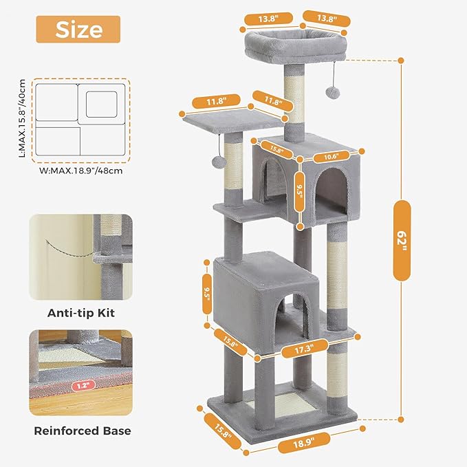 Cat Tree for Indoor Cats, 62" Multi-Level Cat Tower with 2 Spacious Condos, Scratching Pad, 4 Cat Scratching Posts, 2 Top Perches, 2 Pompoms, Grey