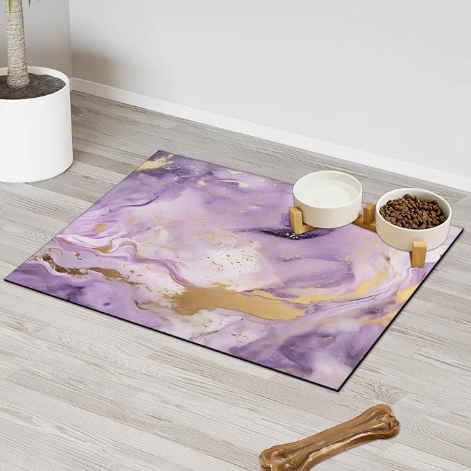 Purple Marble Dog Food Mat for Floors Absorbent, Quick Dry Water Dispenser Mat for Food, Water, Pet Supplies 12" x 20", Abstract