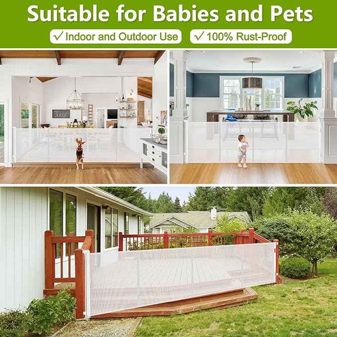 Reinforced 42" Tall x 195" Extra Wide Retractable Baby Gate with Support Rods - Prevent Crawling Under, Extra Large Baby Gate Retractable Dog Gate Indoor Tall Dog Gate Outdoor Gates for Decks, White