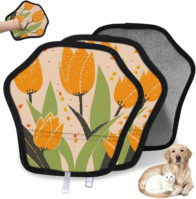Blossom Tulip Flowers Electrostatic Pet Hair Removal Glove for Cats & Dogs - Reusable Grooming Mitt for Couch, Carpet, Car Seat & Laundry - Large 9x9 Inch