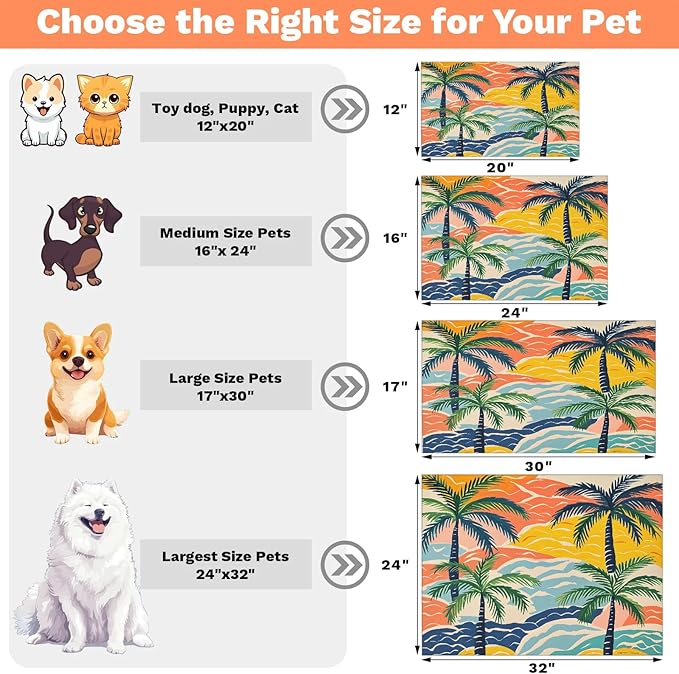 Palm Tree Dog Food Mat for Floors Absorbent, Quick Dry Water Dispenser Mat for Food, Water, Pet Supplies 24" x 32", Ocean