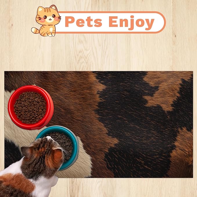 Cow Print Dog Food Mat for Floors Absorbent Dog Bowl Mat for Food and Water Dispenser Quick Dry Cat Food Placemat Pet Supplies 24" x 32", Farm Skin
