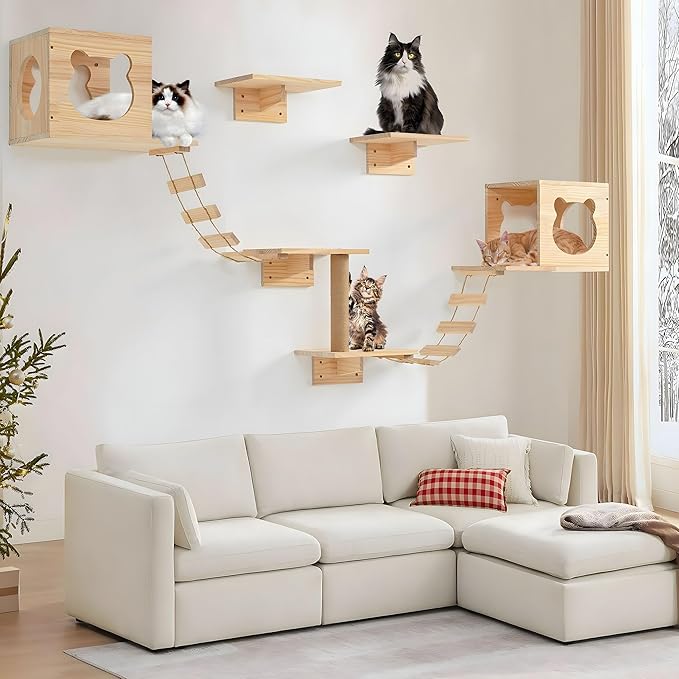 Cat Wall Shelves and Perches, Pine Wooden Cat Wall Furniture Climbing Shelves with Climber, Condo, Scratching Post, Ladder & Platform