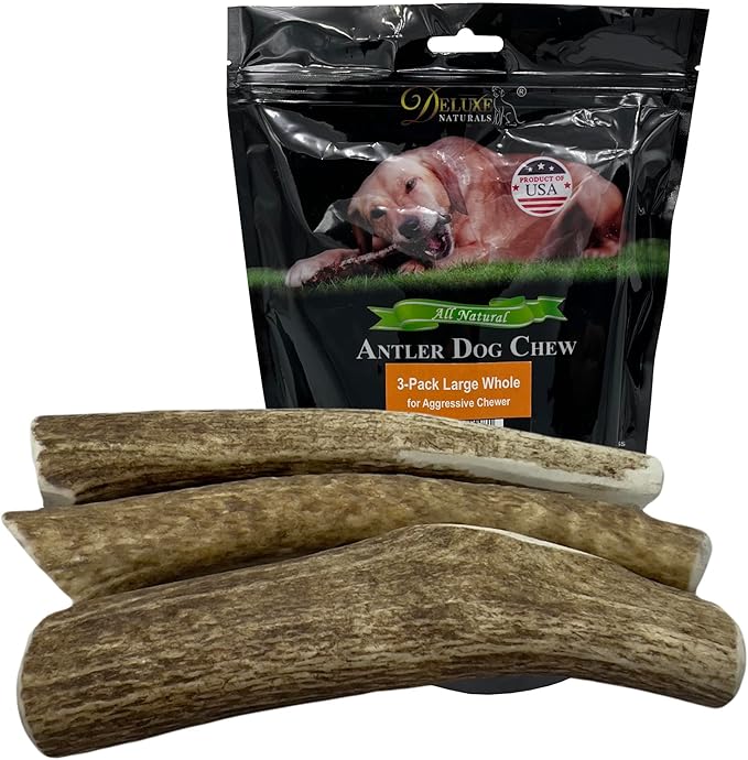 3-Pack Large Whole Elk Antler Dog Chews (6-9+ in) – Long Lasting Natural Dog Chews for Large Dogs & Aggressive Chewers 30-80 lbs – Durable Bone for Teeth Cleaning & Boredom