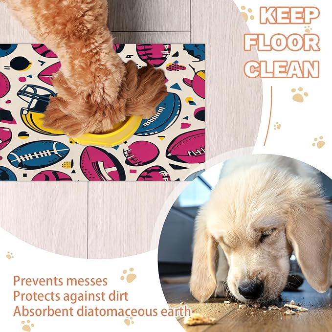Rugby Dog Food Mat for Floors Absorbent, Quick Dry Water Dispenser Mat for Food, Water, Pet Supplies 16" x 24", American Footbal