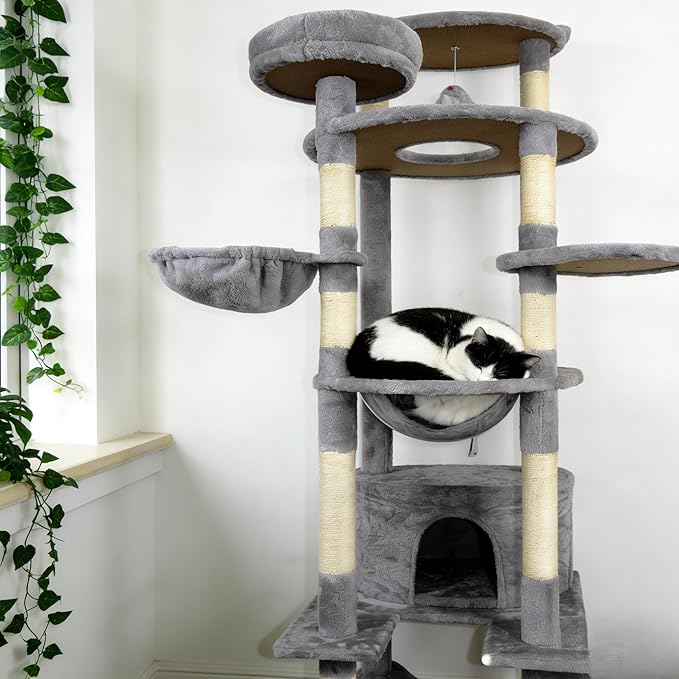 78.8 Inches Cat Tower for Indoor Cats, Cute Cat Tree with Cozy Condo, Platform, Hammock, Sisal Scratch Board and Interactive Toy (Dark Gray)