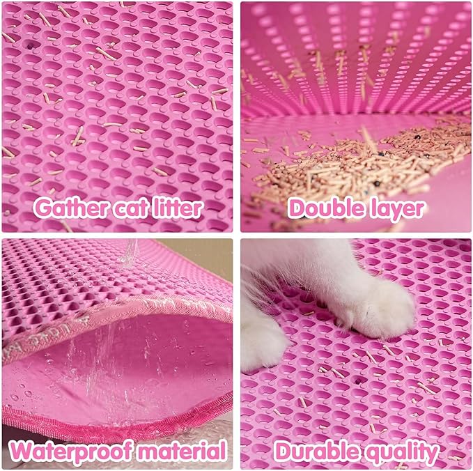 Cat Litter Mat, 21 x 14 Inches Large Honeycomb Double Layer Cat Litter Trapping Mat, Non Slip Waterproof Urine Proof Cat Litter Box Mat, Kitten Supplies and Essentials, Pink