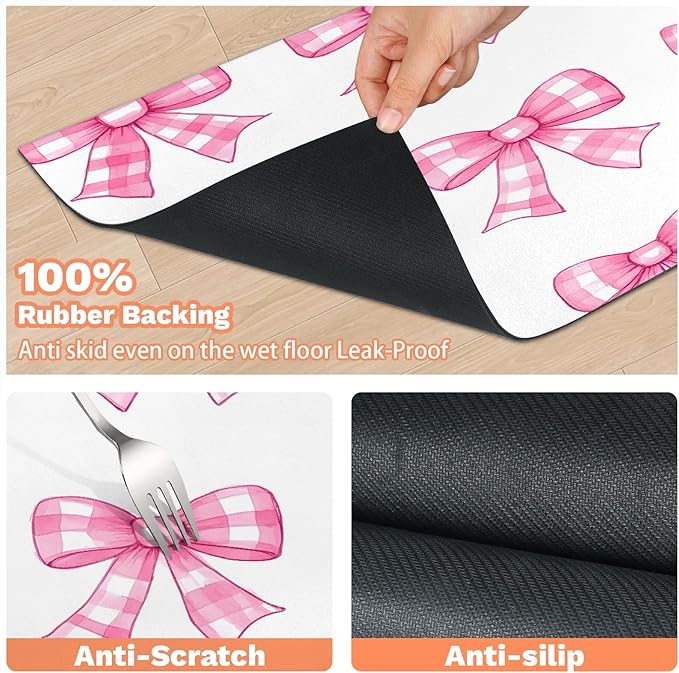 Plaid Bow Dog Food Mat for Floors Absorbent, Quick Dry Water Dispenser Mat for Food, Water, Pet Supplies 16" x 24", Pink Bowknot