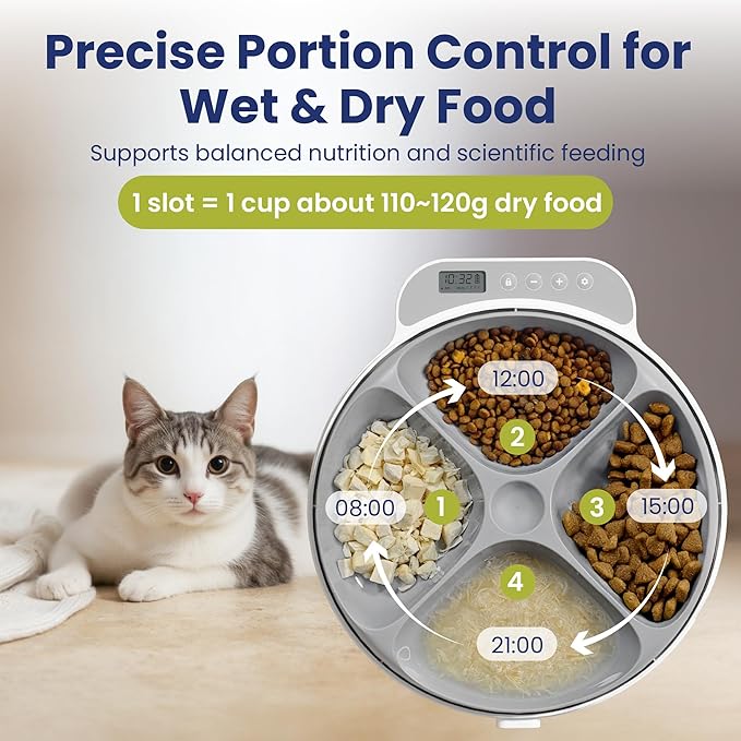 PawsPik Smart 4-Meal Automatic Pet Feeder – Programmable Timer for Wet & Dry Food, Cordless, with Ice Packs – Dog & Cat Feeder, White, 4-Cup Capacity