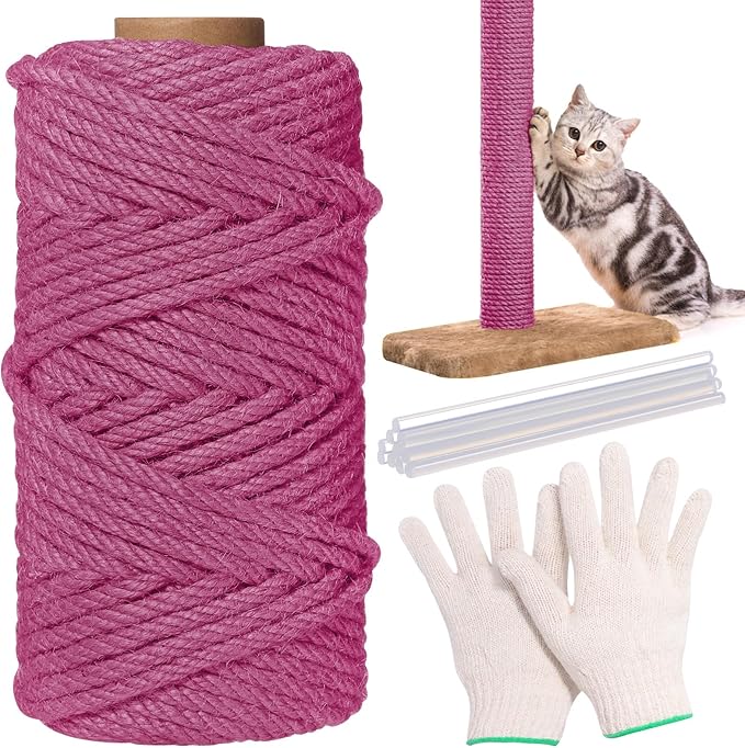 1/4inch ×164Ft Natural Cat Tree Hemp Rope, DIY Repair and Replace Scratching Post Sisal Rope for Scratching Post Cat Tree Tower DIY(Pink)