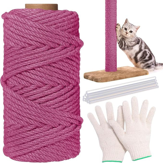 1/4inch ×164Ft Natural Cat Tree Hemp Rope, DIY Repair and Replace Scratching Post Sisal Rope for Scratching Post Cat Tree Tower DIY(Pink)