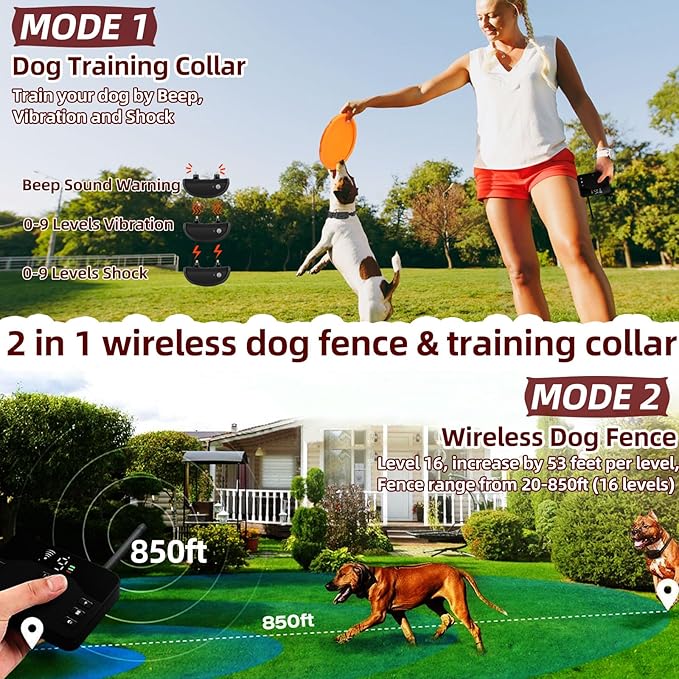 Wireless Dog Fence System for 2 Dogs, 2025 Upgraded 2-in-1 Electric Fence & Training Collar, Portable Perimeter Dog Collar with Remote Control, Waterproof, Adjustable Range up to 985 ft