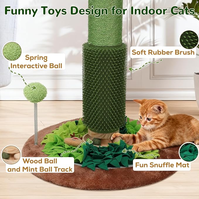 Cat Scratching Post, 40" Tall Palm Tree Scratch Post for Cats, Sisal Scratching Posts for Indoor Cats Adults with Hanging Cat Toys, Self-Grooming Brush, Snuffle Mat and Interactive Wooden Ball Track