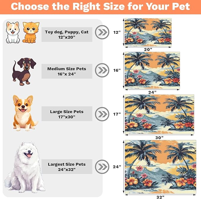 Palm Tree Dog Food Mat for Floors Absorbent, Quick Dry Water Dispenser Mat for Food, Water, Pet Supplies 12" x 20", Tropical Flower