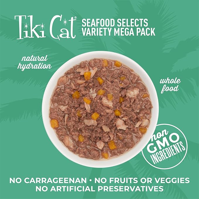 Tiki Cat Seafood Selects, Ultimate Variety Pack, 36 High Protein Servings with Real Flaked Fish, Wet Cat Food Mega Pack, 2.8 and 3 oz. Cans (Pack of 72)