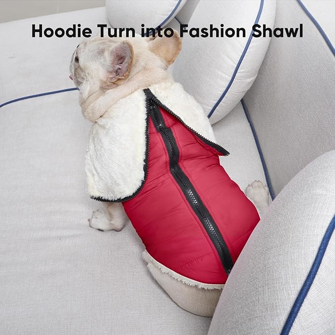 Fleece Lining Dog Hoodie with Harness Built in,Extra Warm Large Dog Jacket in Winter Doggie Coats with Hooded,Red XXL