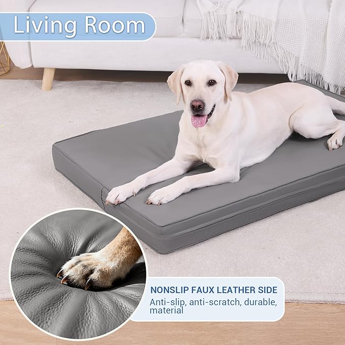 Vonabem Large Dog Bed Waterproof Outdoor, Leather Crate Pad 35 inch, Pet Beds with Washable Removable Cover Reversible, Orthopedic Foam Anti-Slip Kennel Pads Wipeable 35"x22" Grey