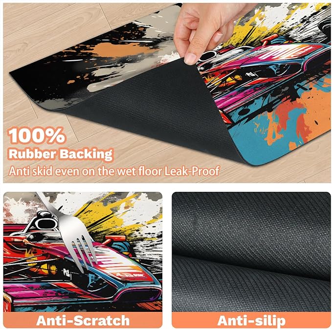 Race Car Dog Food Mat for Floors Absorbent, Quick Dry Water Dispenser Mat for Food, Water, Pet Supplies 12" x 20", Cool Car