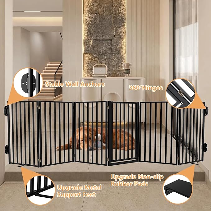 Full Metal Freestanding Dog Gates with Door, 36" Height Dog Fences for Indoor & Outdoor, Extra Wide Foldable Pet Gates for Stairs, Hallways, Doorways, Yard (6 Panels, 120" W × 36" H)