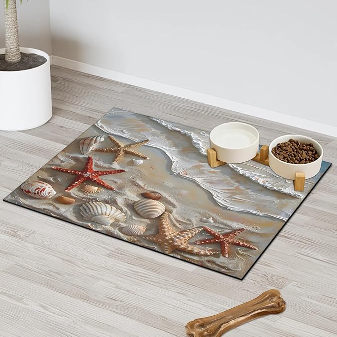 Nautical Coastal Dog Food Mat for Floors Absorbent Dog Bowl Mat for Food and Water Dispenser Quick Dry Cat Food Placemat Pet Supplies 16" x 24", Beach Seashell Starfish