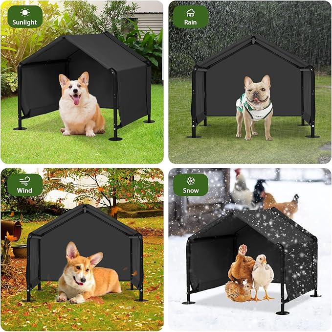 Dog Shades for Outside - Outdoor Dog Kennel for Small Dogs, 29.5”x25.6”x25.6” Outdoor Sun Rain Canopy Pet House, Waterproof Pet Canopy Shelter for Small Animals with Ground Nails, Black