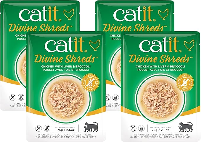 Catit Divine Shreds Premium Cat Food Topper, Chicken with Liver & Broccoli (Pack of 4)