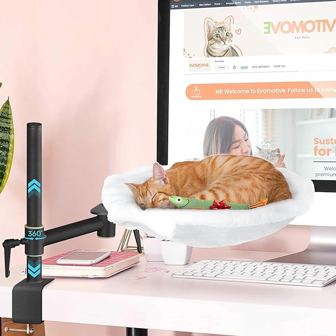 Deskside Dreamer - Cat Desk Perch, [+ Catnip Fish Toy], Comes with [2 Washable Fabrics]: Mesh and Plush, 360° Rotating & Height Adjustable [White]. Max Weight 35LBS