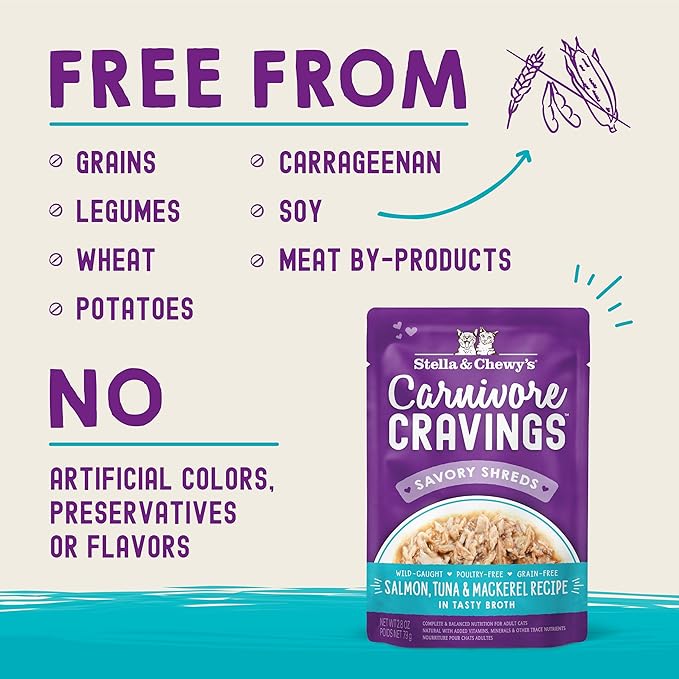 Stella & Chewy's Carnivore Cravings Wet Cat Food - Premium Pouches - Grain Free, High Protein Salmon, Tuna & Mackerel - Perfect For Picky Eaters - Complete Meal or Topper (2.8 oz, 24 Pack)