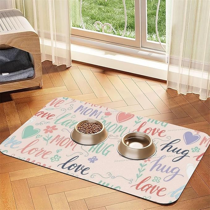 Dog Food Mats for Floors Absorbent Pet Cat Food Mat Happy Mom Hug Love Mum Non Slip Dogs Bowl Mats for Water Dog Placemats Feeding Mat Pet Supplies 18X12In
