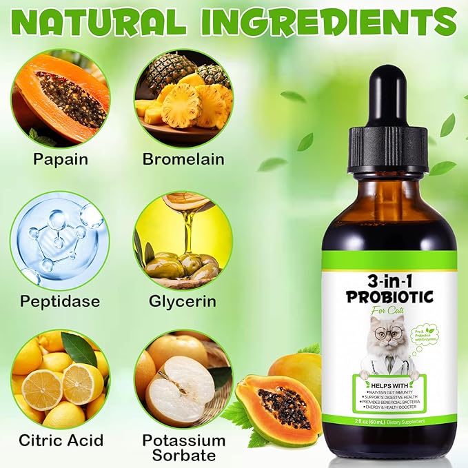 Probiotics for Cats, Cat Probiotic with Prebiotic and Enzymes, 3 in 1 Cat Probiotic Drops, Cats Probiotics Supplement Help Digestive Support Gut Health
