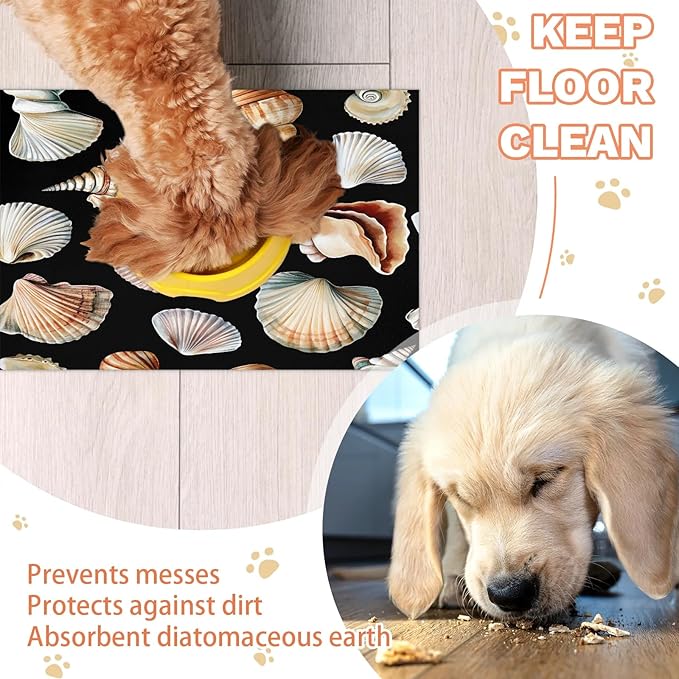 Sea Shell Dog Food Mat for Floors Absorbent Dog Bowl Mat for Food and Water Dispenser Quick Dry Cat Food Placemat Pet Supplies 24" x 32", Beach Conch