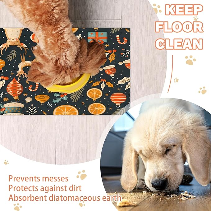 Christmas Deer Dog Food Mat for Floors Absorbent, Quick Dry Water Dispenser Mat for Food, Water, Pet Supplies 12" x 20", Orange Socks Ball