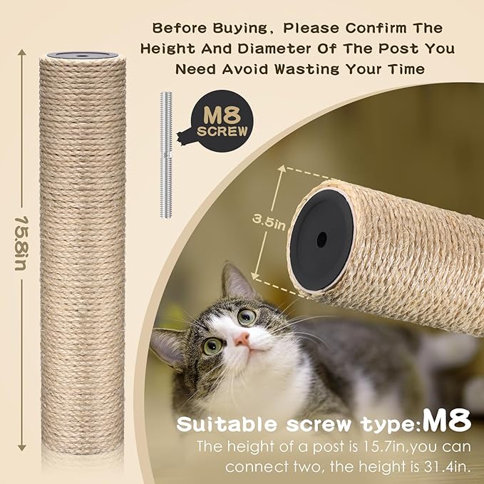 6 Pack Cat Scratching Post Replacement, White Hemp Rope Refill Scratching Post Cat Tree DIY Spare Cat Scratcher Large Cat Tower Refurbishment for Indoor Cats with M8 Screws, 3.5 x 15.8 Inches