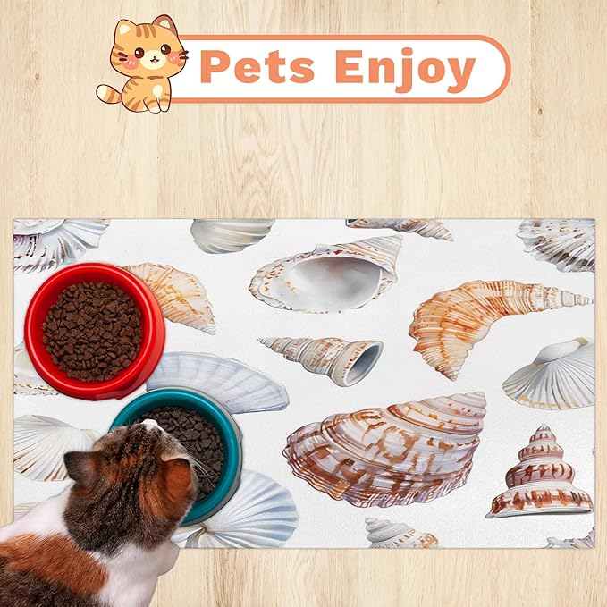Tropical Seashell Dog Food Mat for Floors Absorbent Dog Bowl Mat for Food and Water Dispenser Quick Dry Cat Food Placemat Pet Supplies 16" x 24", Nautical Coastal