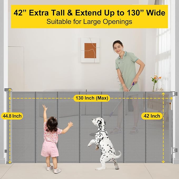 Reinforced 42” Tall x 130” Extra Wide Retractable Dog Gate Extra Tall Pet Gate with Rods to Prevent Crawling Through, Long Baby Gates for Dogs Child Safety Gate Mesh Dog Gate Indoor Outdoor, Gray