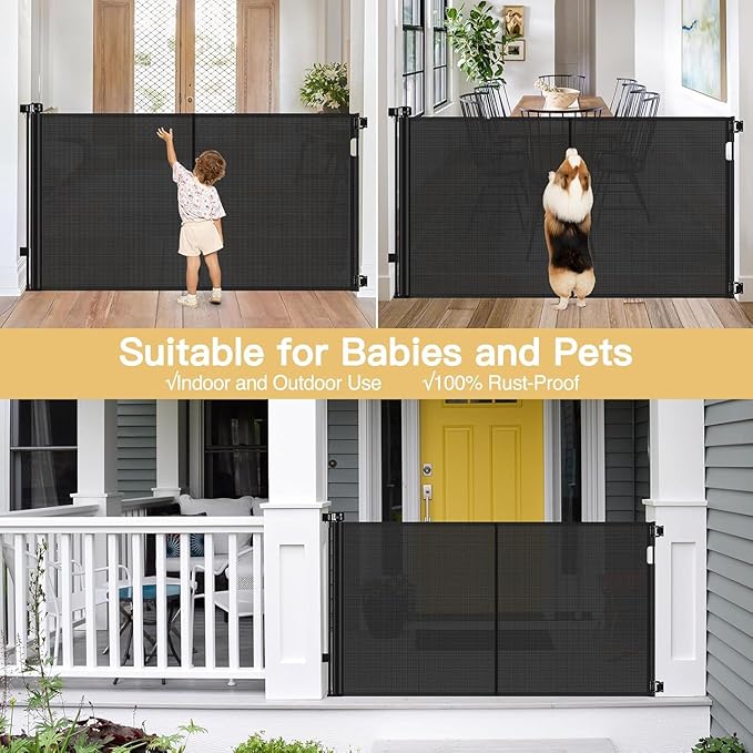 Reinforced 42" Extra Tall Pet Gate 55" Wide Retractable Baby Gate with Support Rods - Retractable Dog Gate Indoor/Outdoor Retractable Gate, Bottom Anti-Escape Tall Dog Gates for Doorways, Black