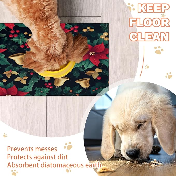 Red Poinsettia Dog Food Mat for Floors Absorbent, Quick Dry Water Dispenser Mat for Food, Water, Pet Supplies 24" x 32", Xmas Bell