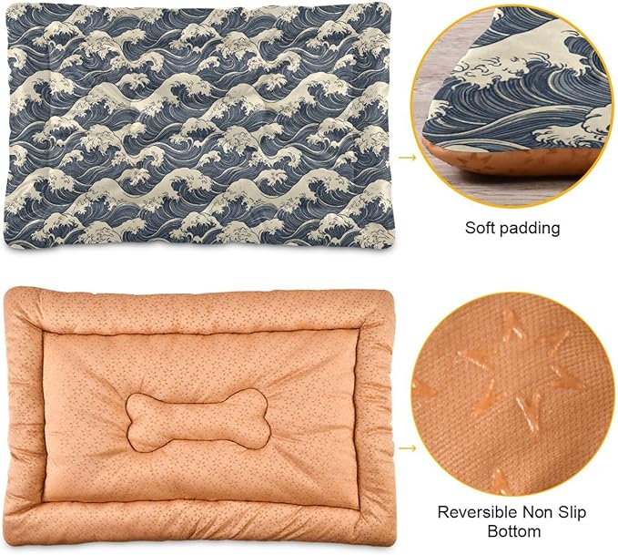 Dog Bed for Crate Washable Pet Sleep Pad, Kanagawa Reimagined Kennel Mat with Non-Slip Bottom, Soft Fluffy Supplies Pet for Dogs and Cats (36x24 inch)
