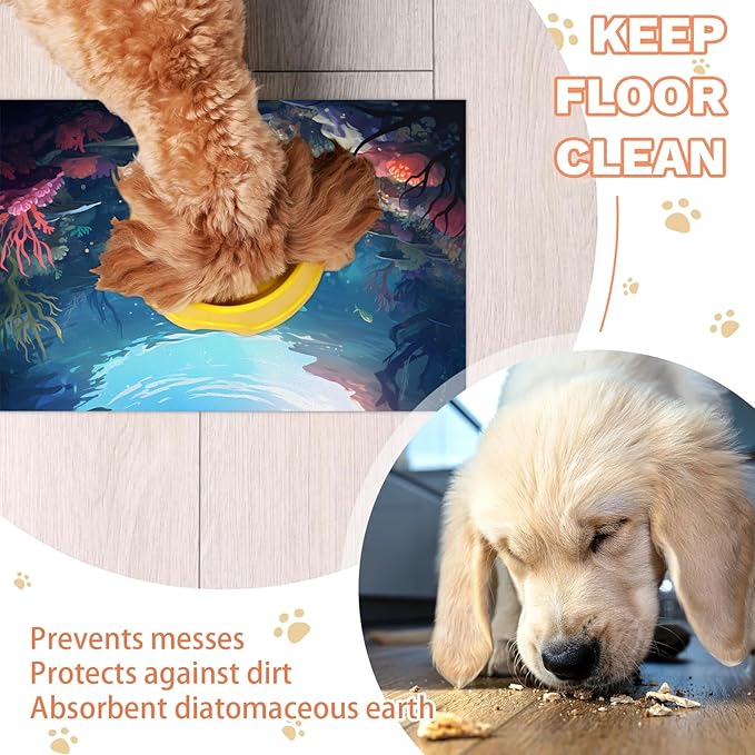 Ocean Sea Dog Food Mat for Floors Absorbent, Quick Dry Water Dispenser Mat for Food, Water, Pet Supplies 17" x 30", Underwater