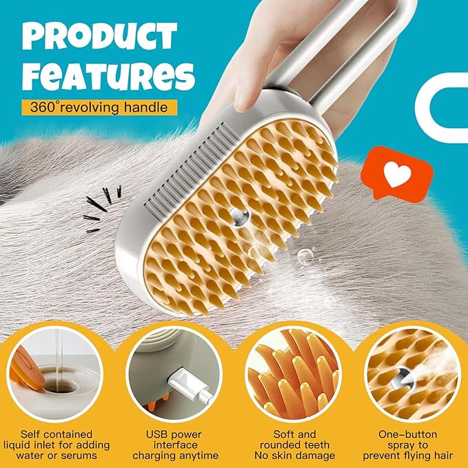 Cat Steam Brush Cats Brushs, Cat Steams Brushfor Shedding, 4-In-1 Self-Cleaning PetSteam BrushWith 360° Rotating Arm for Long and Short Hair Cats and Dogs Grooming Supplies