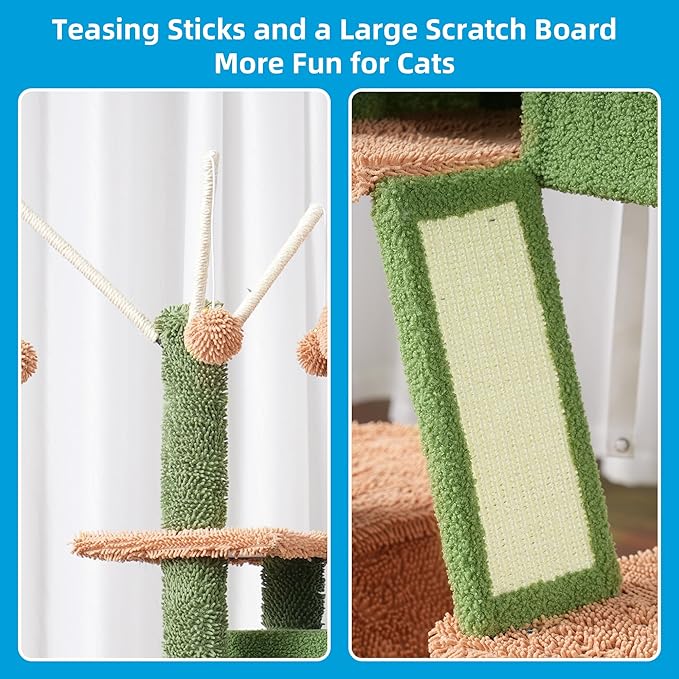 Hey-brother Cat Tree, 53 inch Cat Tower for Indoor Cats, Cat House with Padded Platform Bed, Toy Balls, Large Cozy Condo, Hammocks and Sisal Scratching Posts, Cactus MPJ019SCA