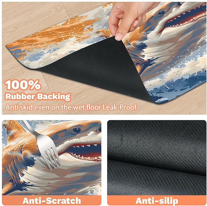 Ocean Shark Dog Food Mat for Floors Absorbent Dog Bowl Mat for Food and Water Dispenser Quick Dry Cat Food Placemat Pet Supplies 16" x 24", Coastal Nautical