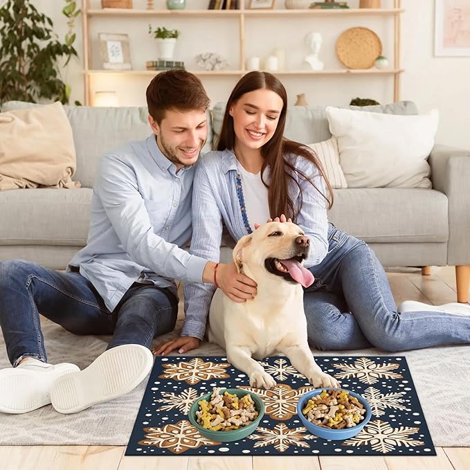 Gingerbread Snow Dog Food Mat for Floors Absorbent, Quick Dry Water Dispenser Mat for Food, Water, Pet Supplies 12" x 20", Snowflake
