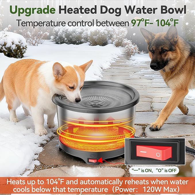 6.5L Heated Water Bowl, Stainless Steel Outdoor Heated Dog Bowl with Anti-Chew Cord, Large Capacity Heated Pet Slow Drinking Dish Provide Warm Water in Winter for Dogs