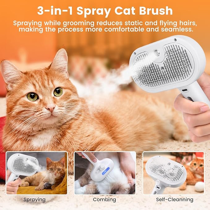Cat Steam Brush for Shedding, 3 In 1 Steam Cat Brush Self Cleaning, Dog Brush for Long and Short Hair Dogs and Cats, Pet Grooming Comb Remove Tangled Loose Hair, Type-C Fast Charging (White)